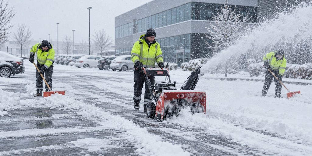 Team räumt während starken Schneefalls einen Parkplatz